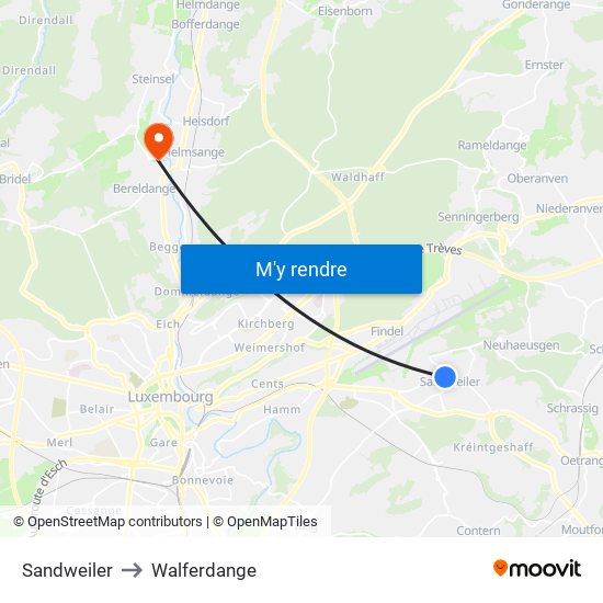 Sandweiler to Walferdange map