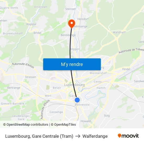Luxembourg, Gare Centrale (Tram) to Walferdange map