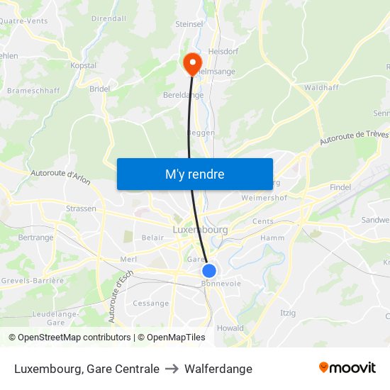 Luxembourg, Gare Centrale to Walferdange map