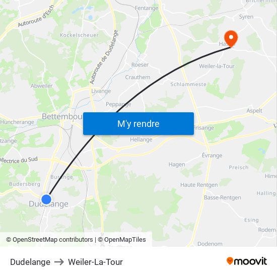 Dudelange to Weiler-La-Tour map