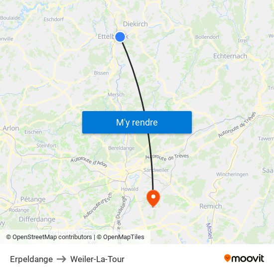 Erpeldange to Weiler-La-Tour map