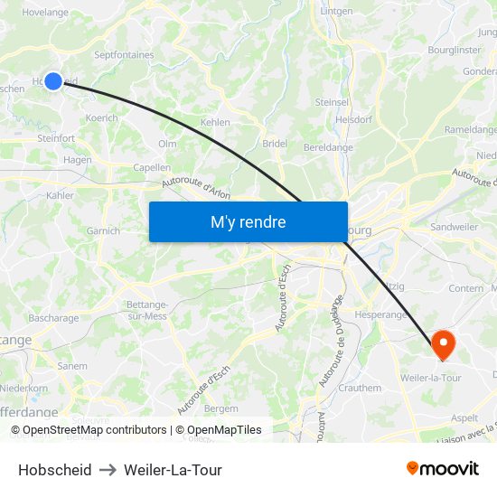 Hobscheid to Weiler-La-Tour map