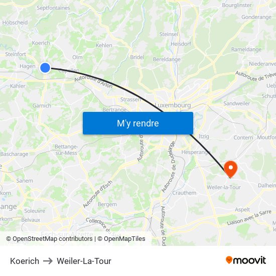Koerich to Weiler-La-Tour map