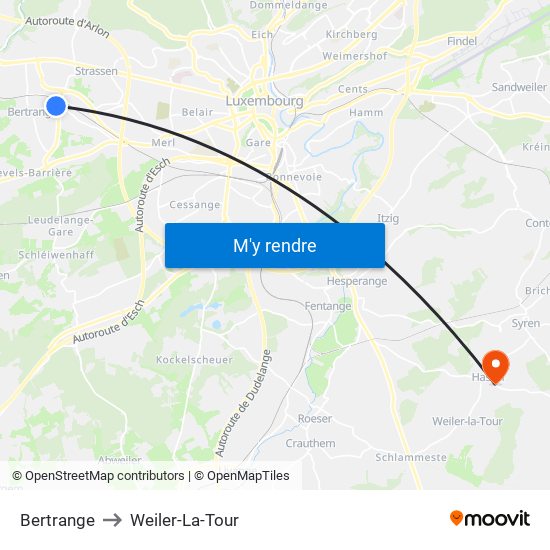 Bertrange to Weiler-La-Tour map