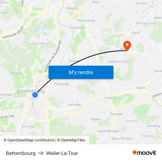 Bettembourg to Weiler-La-Tour map