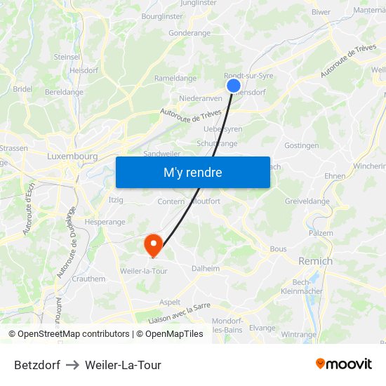 Betzdorf to Weiler-La-Tour map