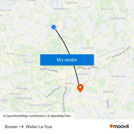 Bissen to Weiler-La-Tour map