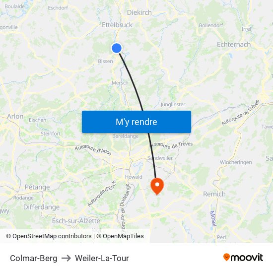 Colmar-Berg to Weiler-La-Tour map