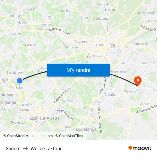 Sanem to Weiler-La-Tour map