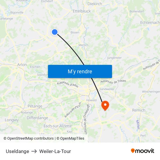 Useldange to Weiler-La-Tour map