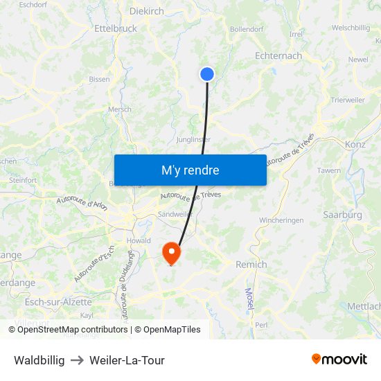 Waldbillig to Weiler-La-Tour map
