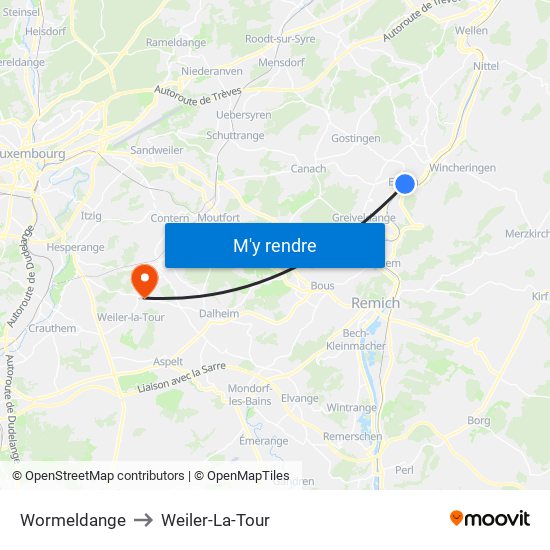 Wormeldange to Weiler-La-Tour map