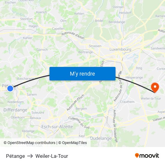 Pétange to Weiler-La-Tour map