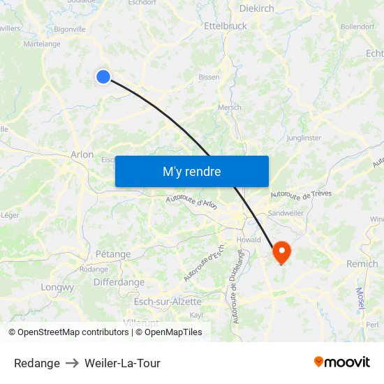 Redange to Weiler-La-Tour map