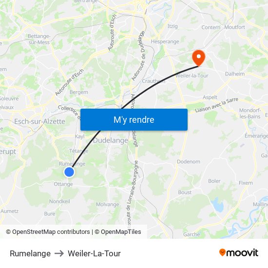 Rumelange to Weiler-La-Tour map