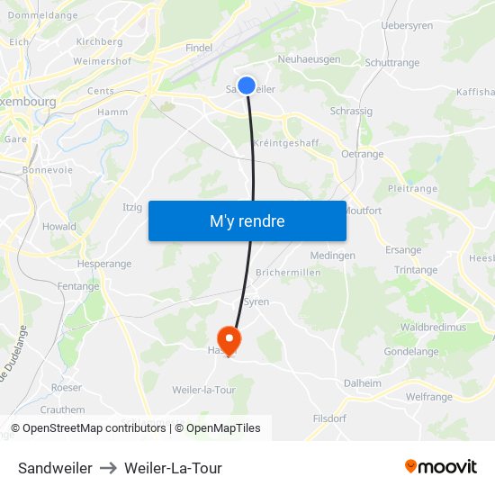 Sandweiler to Weiler-La-Tour map