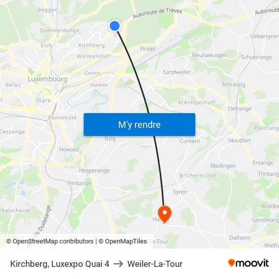 Kirchberg, Luxexpo Quai 4 to Weiler-La-Tour map
