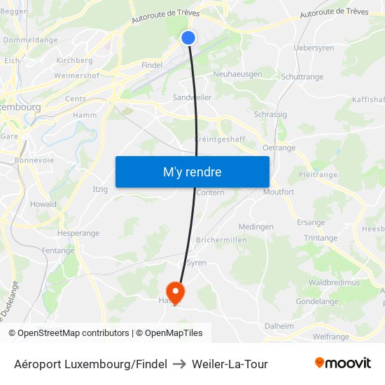 Aéroport Luxembourg/Findel to Weiler-La-Tour map