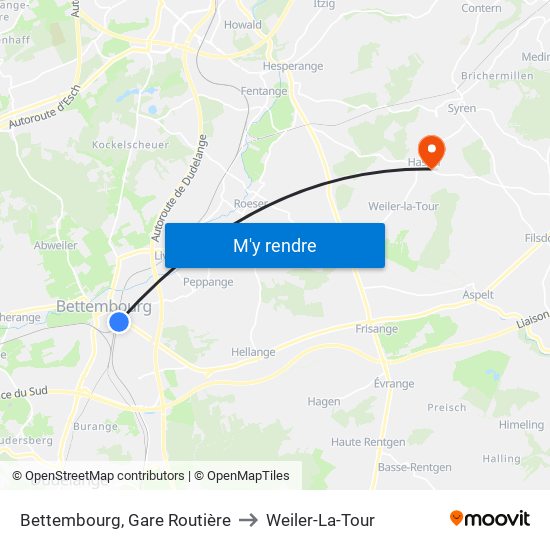 Bettembourg, Gare Routière to Weiler-La-Tour map