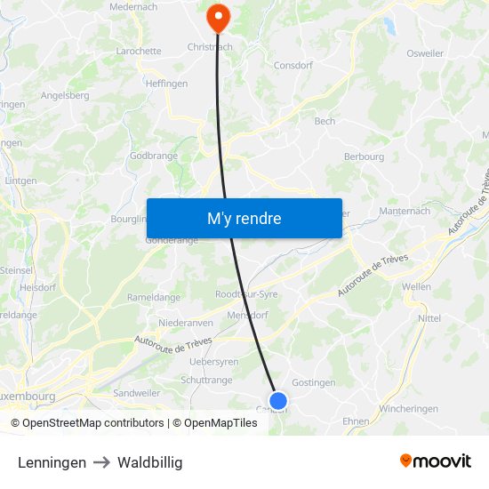 Lenningen to Waldbillig map