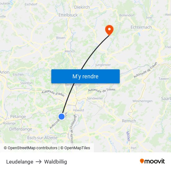 Leudelange to Waldbillig map