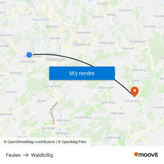 Feulen to Waldbillig map