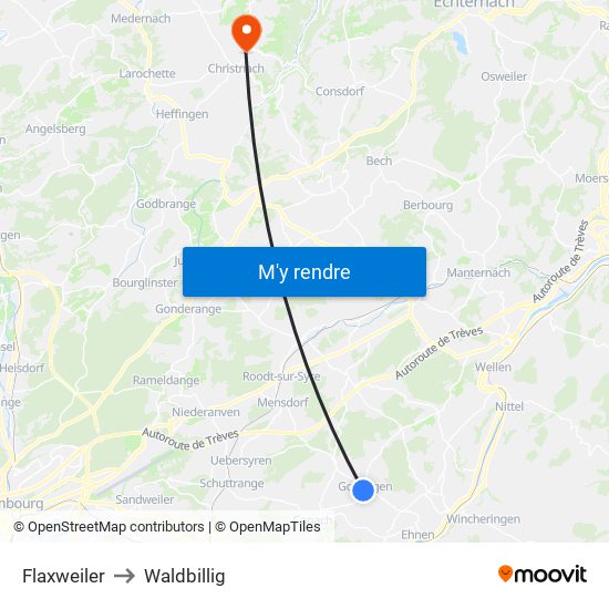 Flaxweiler to Waldbillig map