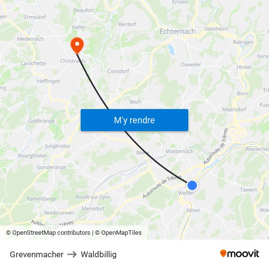 Grevenmacher to Waldbillig map