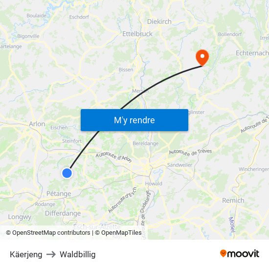 Käerjeng to Waldbillig map