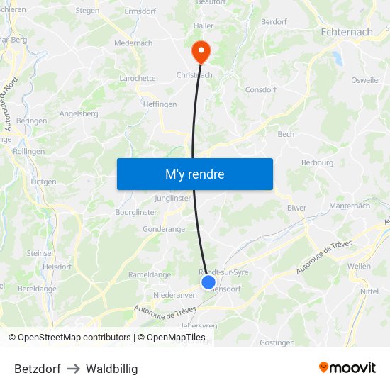 Betzdorf to Waldbillig map