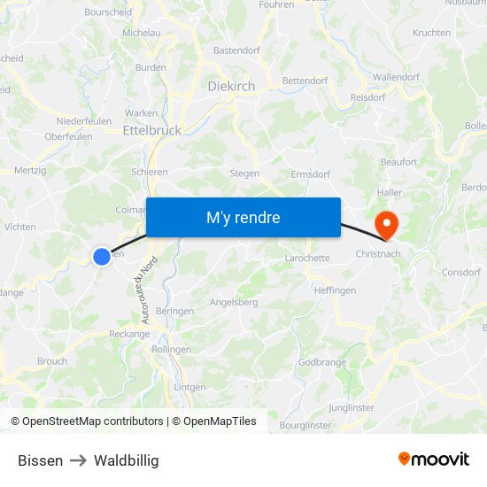 Bissen to Waldbillig map