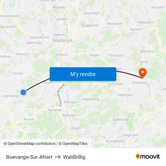Boevange-Sur-Attert to Waldbillig map