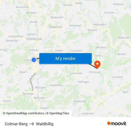 Colmar-Berg to Waldbillig map