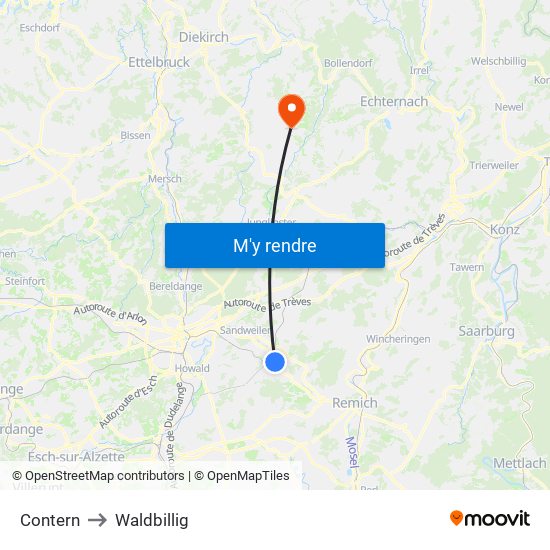 Contern to Waldbillig map
