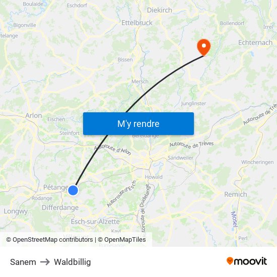 Sanem to Waldbillig map