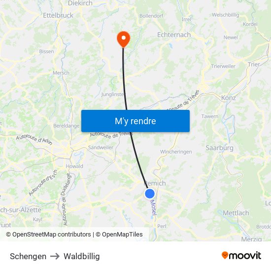 Schengen to Waldbillig map