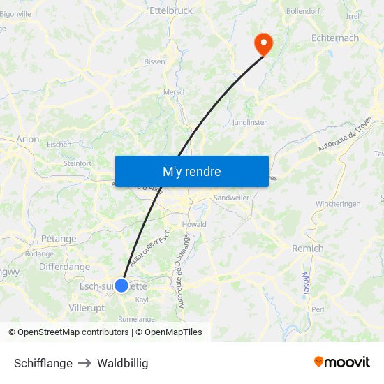 Schifflange to Waldbillig map