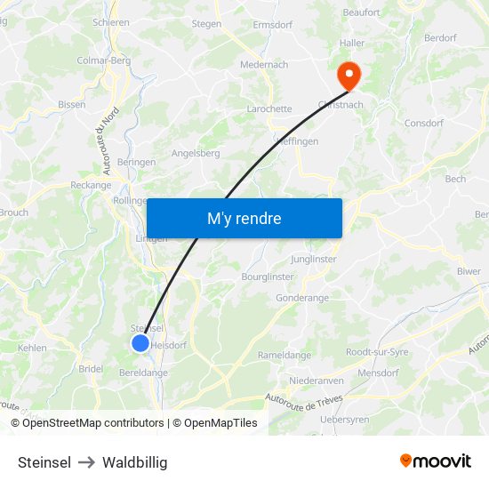Steinsel to Waldbillig map