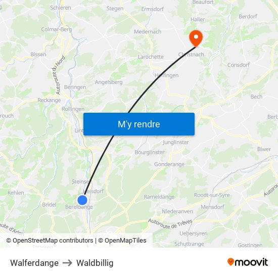 Walferdange to Waldbillig map