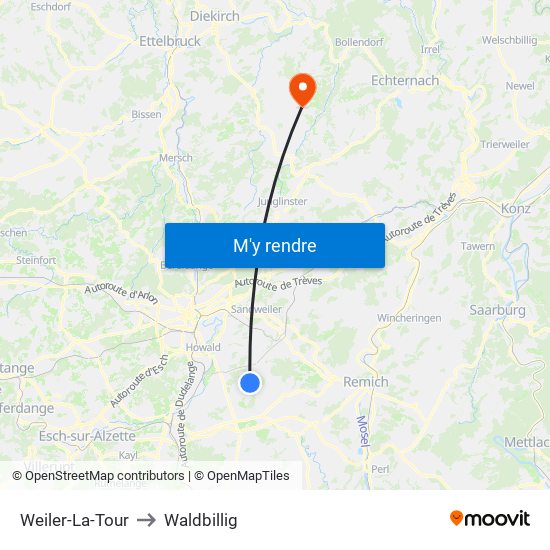 Weiler-La-Tour to Waldbillig map