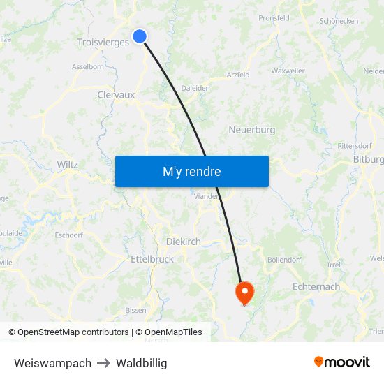 Weiswampach to Waldbillig map