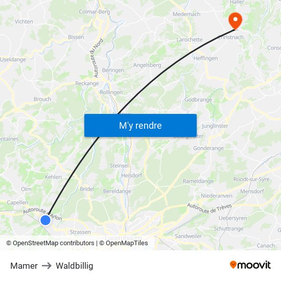 Mamer to Waldbillig map