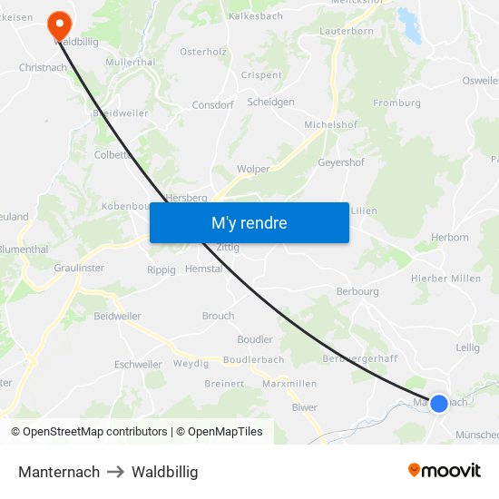 Manternach to Waldbillig map