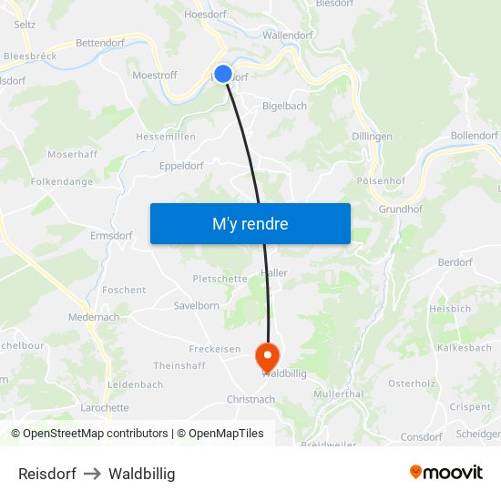 Reisdorf to Waldbillig map