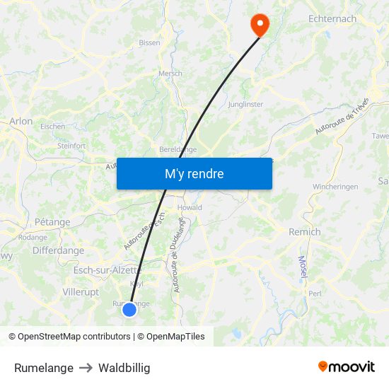 Rumelange to Waldbillig map