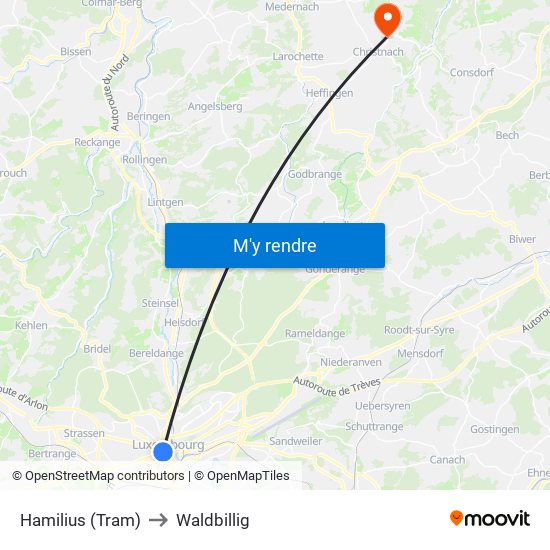 Hamilius (Tram) to Waldbillig map