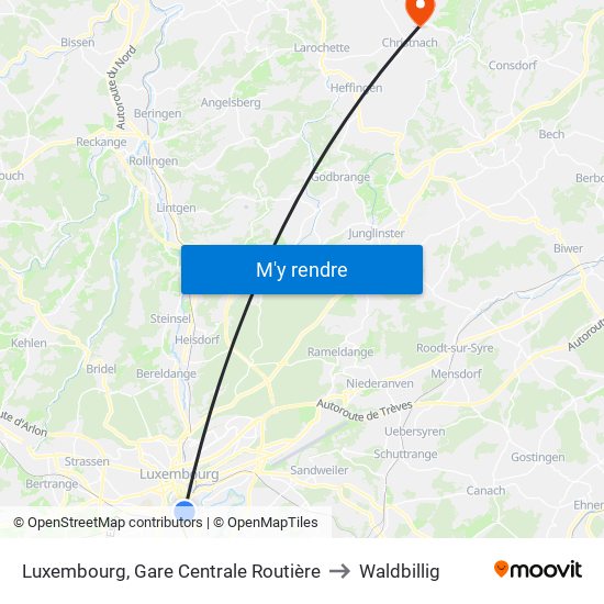 Luxembourg, Gare Centrale Routière to Waldbillig map