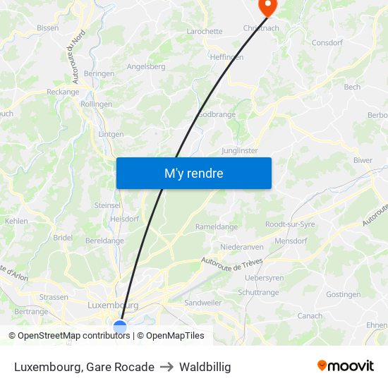 Luxembourg, Gare Rocade to Waldbillig map