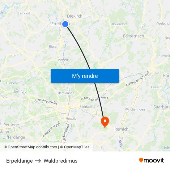 Erpeldange to Waldbredimus map