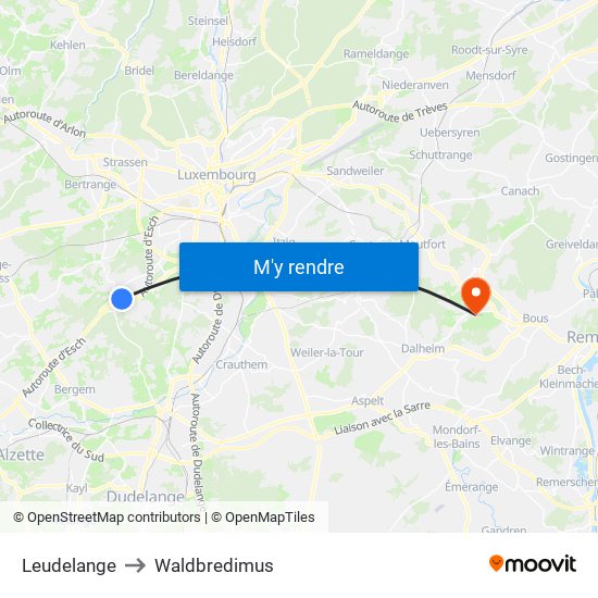 Leudelange to Waldbredimus map